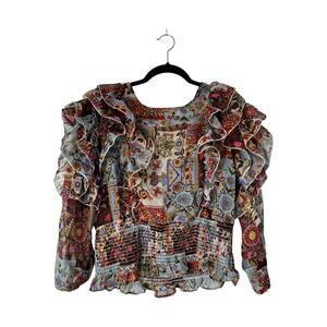 Moon Orchid Shirt Size XL Ruffle Smocked Sheer Multicolor Peasant Boho Crop Top